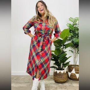 ❤️NWOT Boutique Red 70s Style Belted Plaid Shirtdress